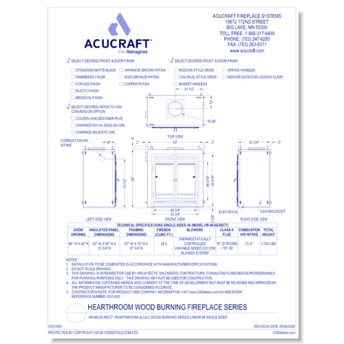 HR-48-SS-RECT: Hearthroom 48 Single-Sided Wood Burning Zero Clearance Fireplace- Tested & Listed to UL-127, CAN/ ULC-S610