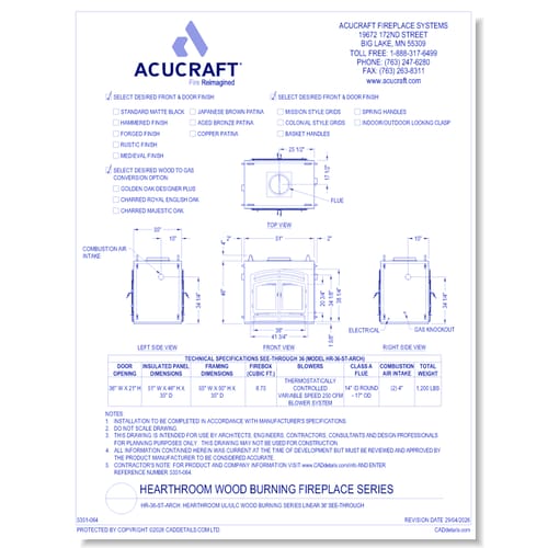 HR-36-ST-ARCH: Hearthroom 36 See-Through (indoor only) Wood Burning Zero Clearance Fireplace- Tested & Listed to UL-127, CAN/ ULC-S610