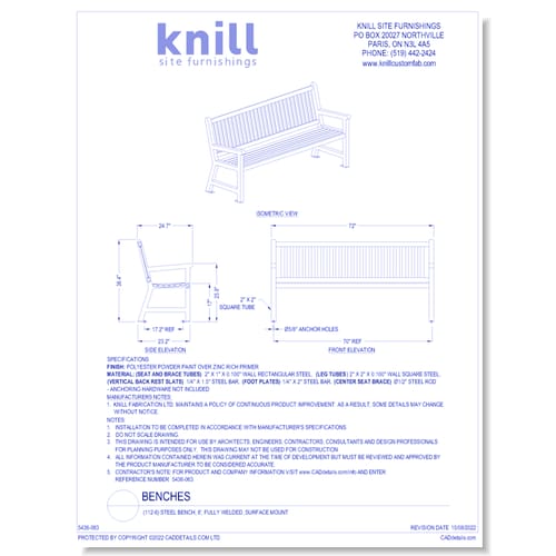 (112-6) Steel Bench, 6', Fully Welded, Surface Mount 