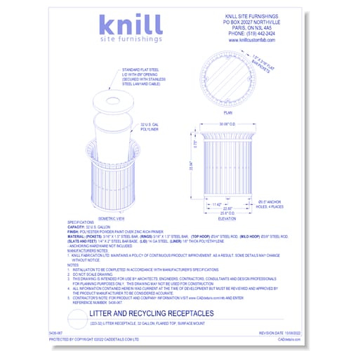 (223-32) Litter Receptacle, 32 Gallon, Flared Top, Surface Mount 