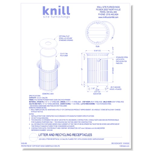 (223-32D) Litter Receptacle, 32 Gallon, Flared Top, with Locking Door, Surface Mount 