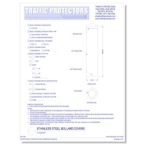 Stainless Steel Bollard Covers: 8" Diameter
