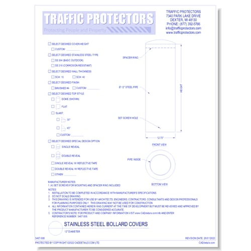 Stainless Steel Bollard Covers: 12" Diameter