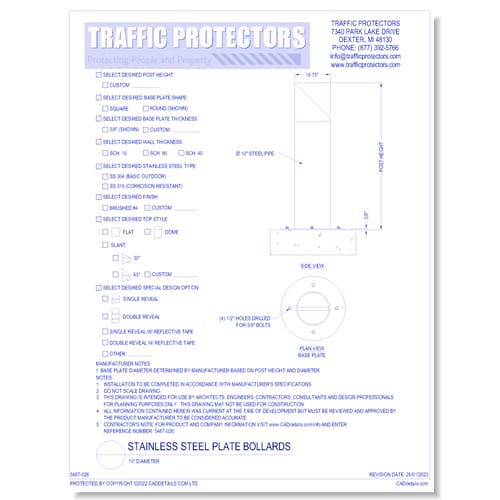 Stainless Steel Plate Bollards: 10" Diameter