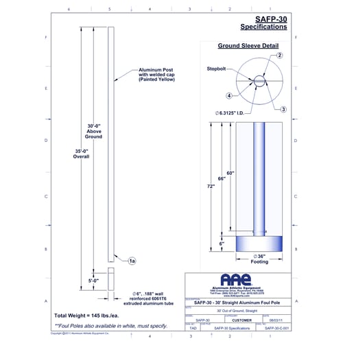 30' Baseball Foul Pole - Straight (SAFP-30)