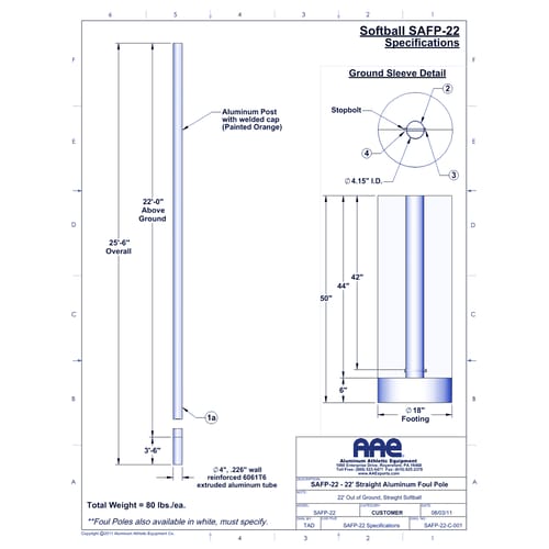 22' Softball Foul Pole - Straight (SAFP-22-SB)