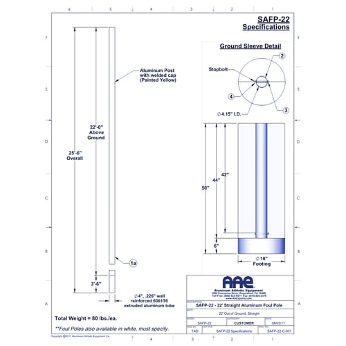 22' Baseball Foul Pole - Straight (SAFP-22)