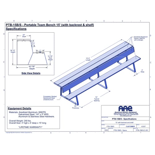 Portable Team Bench with Shelf - 15'-0" (PTB-15B/S)