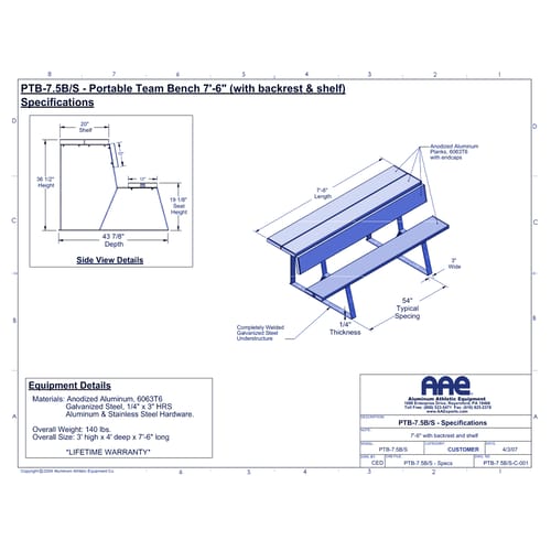 Portable Team Bench with Shelf - 7'-6" (PTB-7.5B/S)