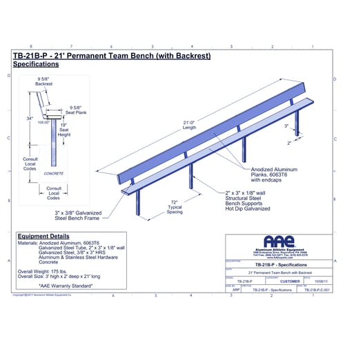 Permanent Team Bench with Backrest - 21'-0" (TB-21B-P)