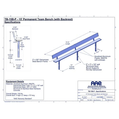 Permanent Team Bench with Backrest - 15'-0" (TB-15B-P)