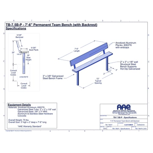 Permanent Team Bench with Backrest - 7'-6" (TB-7.5B-P)