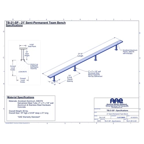 Semi-Permanent Team Bench - 21'-0" (TB-21-SP)