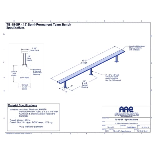 Semi-Permanent Team Bench - 15'-0" (TB-15-SP)