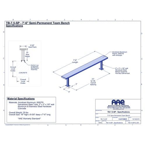 Semi-Permanent Team Bench - 7'-6" (TB-7.5-SP)