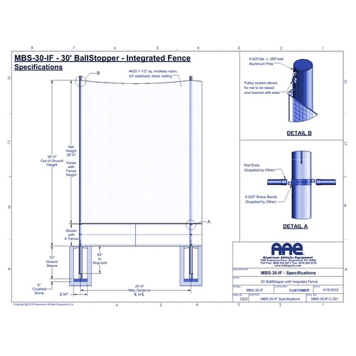 BallStopper Sports Netting - 30' Integrated Fence Post (MBF-30/IF)