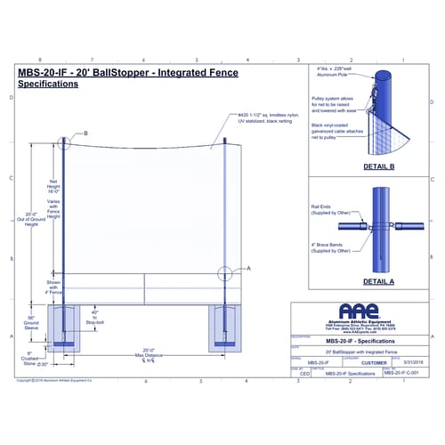 BallStopper Sports Netting - 20' Integrated Fence Post (MBF-20/IF)