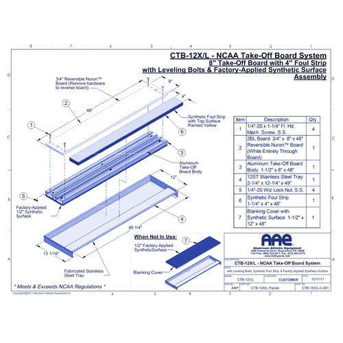 8" Take-Off Board System with Foul Strip, Leveling Bolts & Factory-Applied Synthetic Surface (CTB-12X/L)