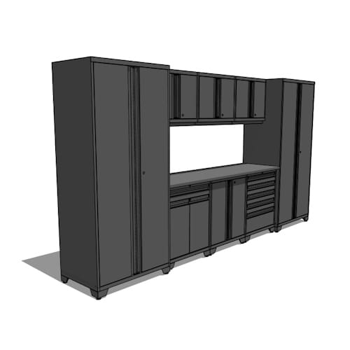 SKU 52066: Pro Series 9 Piece Cabinet Set with Wall, Base, Tool Drawer, Multi-Function Cabinet, Lockers, and 84 in. Worktop- SS