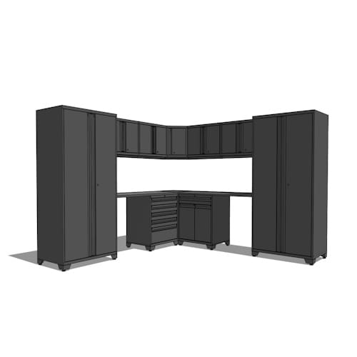 SKU 52163: Pro Series Gray 12 Piece Cabinet Set with Wall, Tool Drawer, Multi-Function Cabinet, Lockers and 112 in. Worktop- SS