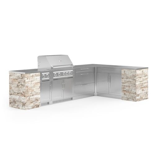 SKU 69557: Outdoor Kitchen Signature Series 11 Piece L Shaped Cabinet Set with 3 Drawer, Bar, Dual Side Burner, Grill and Grill Cabinet- 36 inch, Natural Gas, SS Countertop