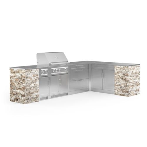 SKU 69517: Outdoor Kitchen Signature Series 11 Piece L Shaped Cabinet Set with 3 Drawer, Bar, Dual Side Burner, Grill and Grill Cabinet-33 inch, Natural Gas, SS Countertop