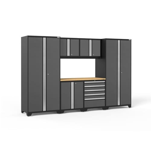 SKU 52052: Pro Series 7 Piece Cabinet Set with Base, Wall, Tool Drawer Cabinet, Lockers and 56 in. Worktop- SS