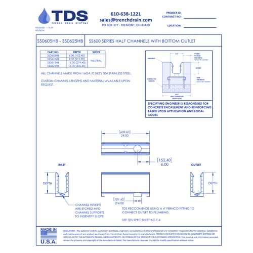 SS600 Series Half Channels with Bottom Outlet (SS0605HB - SS0625HB)