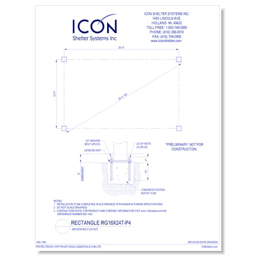 Rectangular Gable RG16x24T-P4 - Anchor Bolt Layout