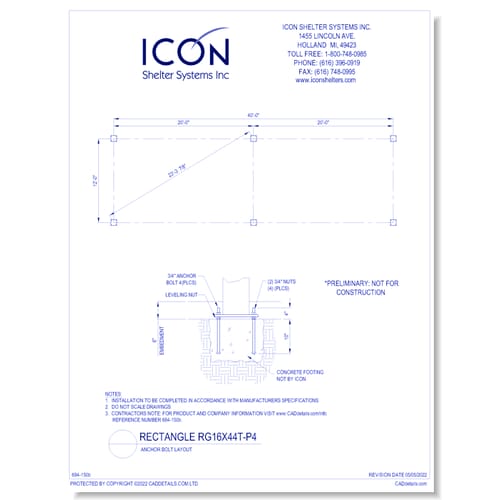 Rectangular Gable RG16x44T-P4 - Anchor Bolt Layout
