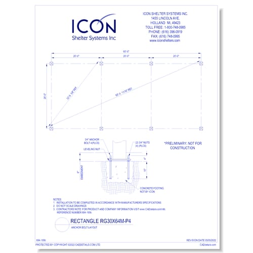 Rectangular Gable RG30x64M-P4 - Anchor Bolt Layout