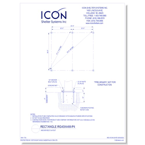 Rectangular Gable RG40x44M-P4 - Anchor Bolt Layout