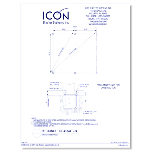 Rectangular Gable RG40x44T-P4 - Anchor Bolt Layout
