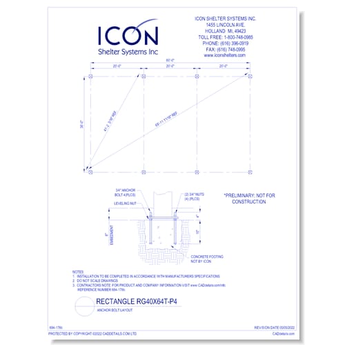 Rectangular Gable RG40x64T-P4 - Anchor Bolt Layout