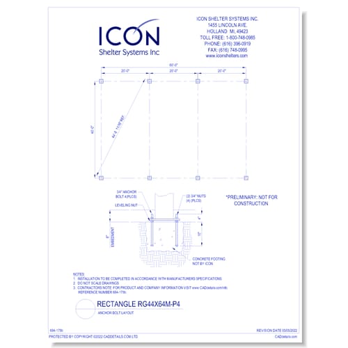 Rectangular Gable RG44x64M-P4 - Anchor Bolt Layout