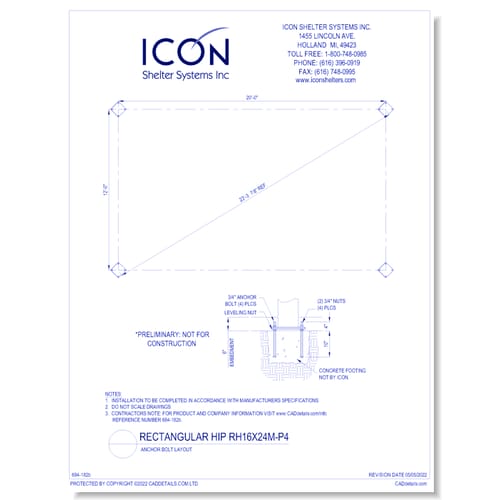Rectangular Hip RH16x24M-P4 - Anchor Bolt Layout