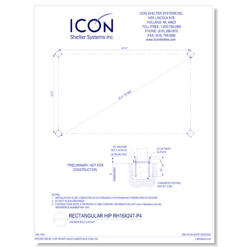 Rectangular Hip RH16x24T-P4 - Anchor Bolt Layout