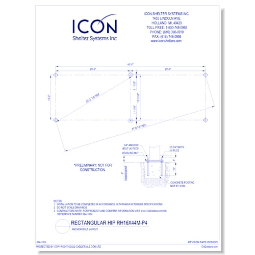 Rectangular Hip RH16x44M-P4 - Anchor Bolt Layout