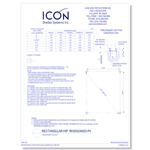 Rectangular Hip RH20x24M2C-P4 - Anchor Bolt Layout