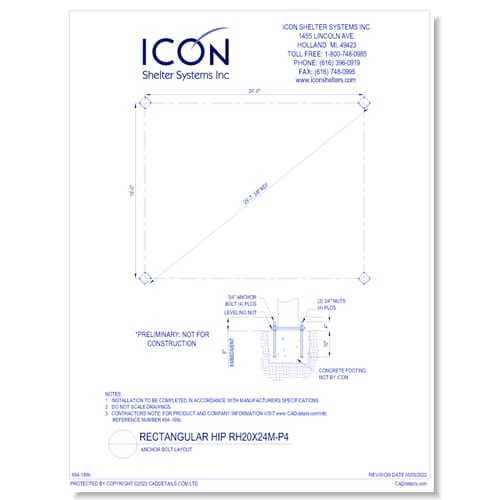 Rectangular Hip RH20x24M-P4 - Anchor Bolt Layout