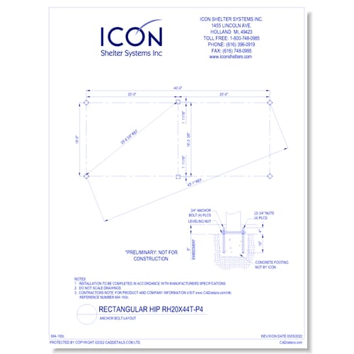 Rectangular Hip RH20x44T-P4 - Anchor Bolt Layout