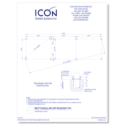 Rectangular Hip RH20x64T-P4 - Anchor Bolt Layout