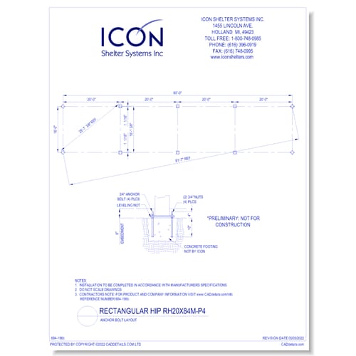 Rectangular Hip RH20x84M-P4 - Anchor Bolt Layout
