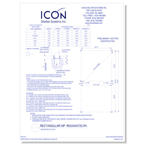 Rectangular Hip RH24x44T2C-P4 - Anchor Bolt Layout