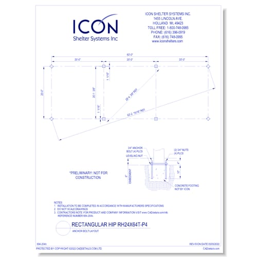 Rectangular Hip RH24x64T-P4 - Anchor Bolt Layout