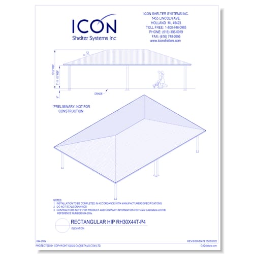Rectangular Hip RH30x44T-P4 - Elevation