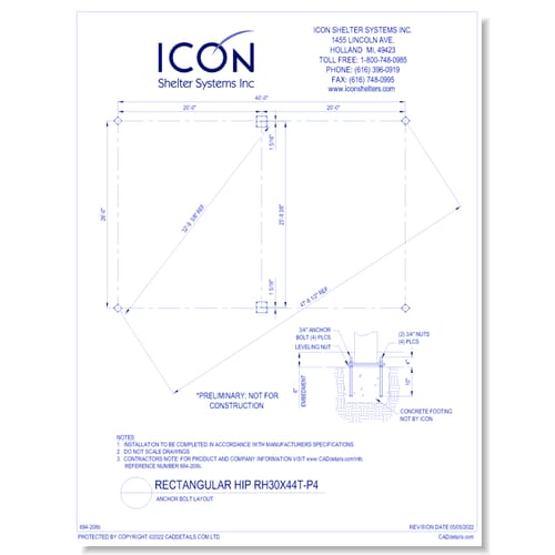 Rectangular Hip RH30x44T-P4 - Anchor Bolt Layout