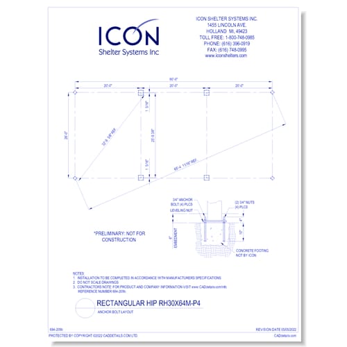 Rectangular Hip RH30x64M-P4 - Anchor Bolt Layout