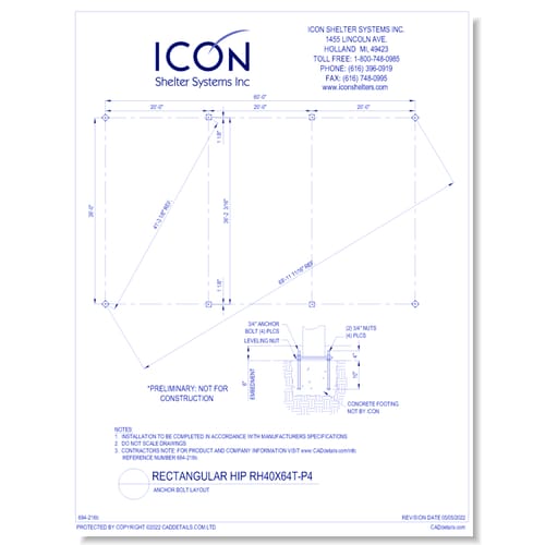Rectangular Hip RH40x64T-P4 - Anchor Bolt Layout