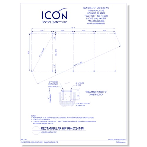 Rectangular Hip RH40x84T-P4 - Anchor Bolt Layout